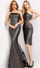 Jovani - 06867 Metallic Jacquard Asymmetric Neck Evening Gown - detail view