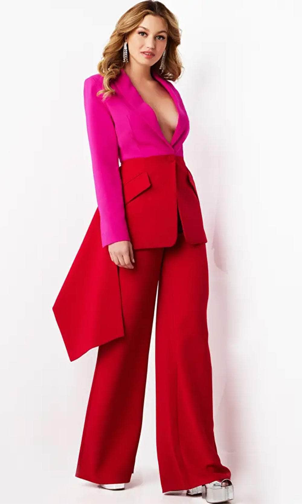 Jovani 07093 - Long Sleeve V-Neck Pantsuit - back view