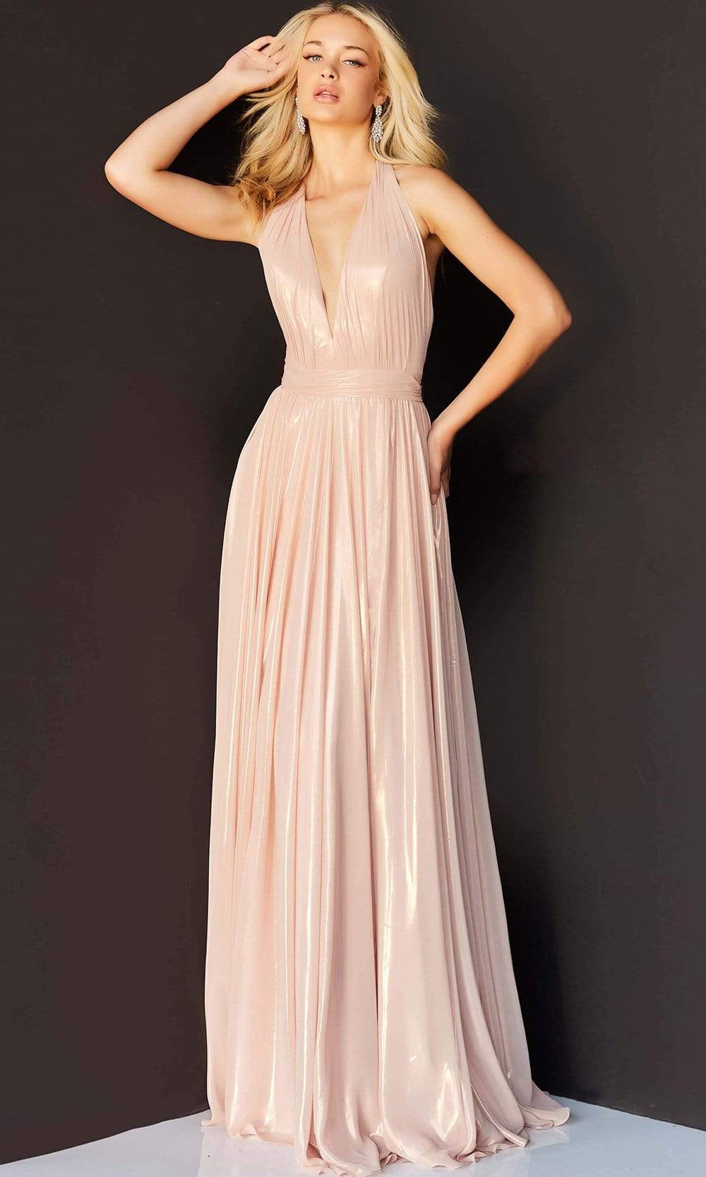 Jovani - 07247 Plunging Halter Cascading Panel Gown - back view