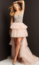Jovani - 07262 Deep V-Neck Layered High Low Dress - designer prom dress at Silhouette Dresses
