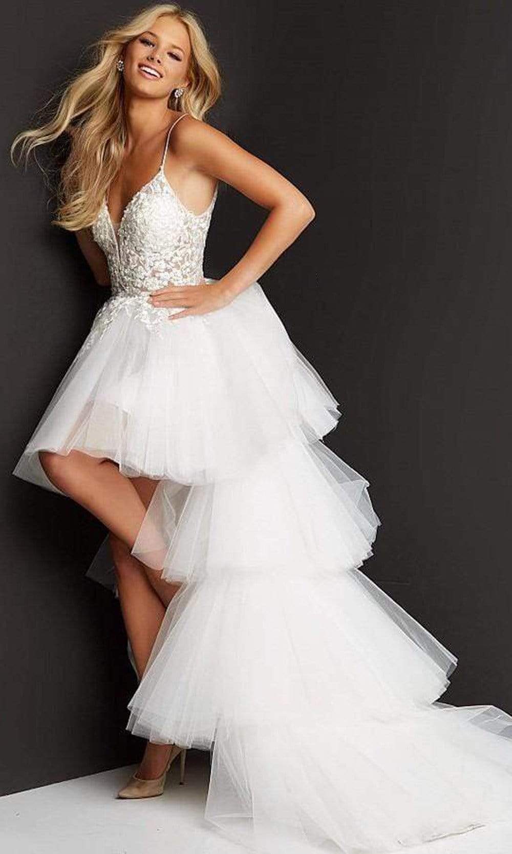 Jovani - 07263 Sheer Floral Embroidered Bodice High Low Prom Dress - designer prom dress at Silhouette Dresses