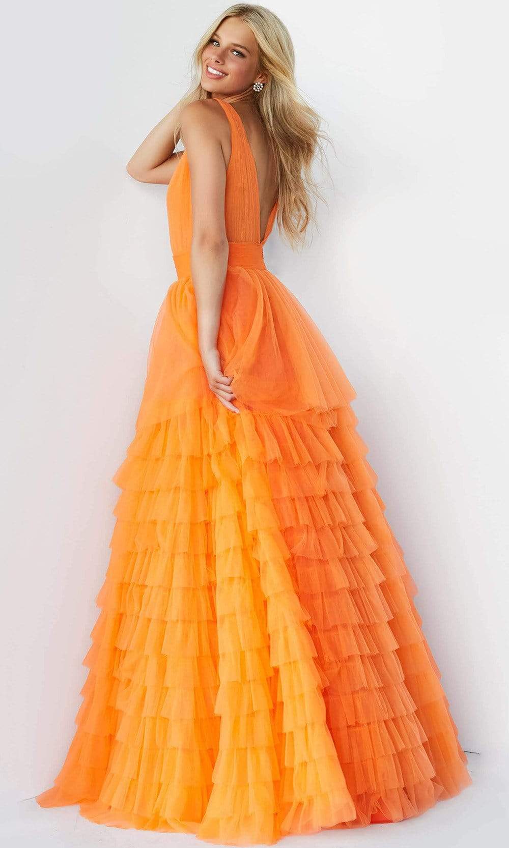 Jovani - 07264 Shirr-Ornate Plus Size Prom Tulle Gown - back view