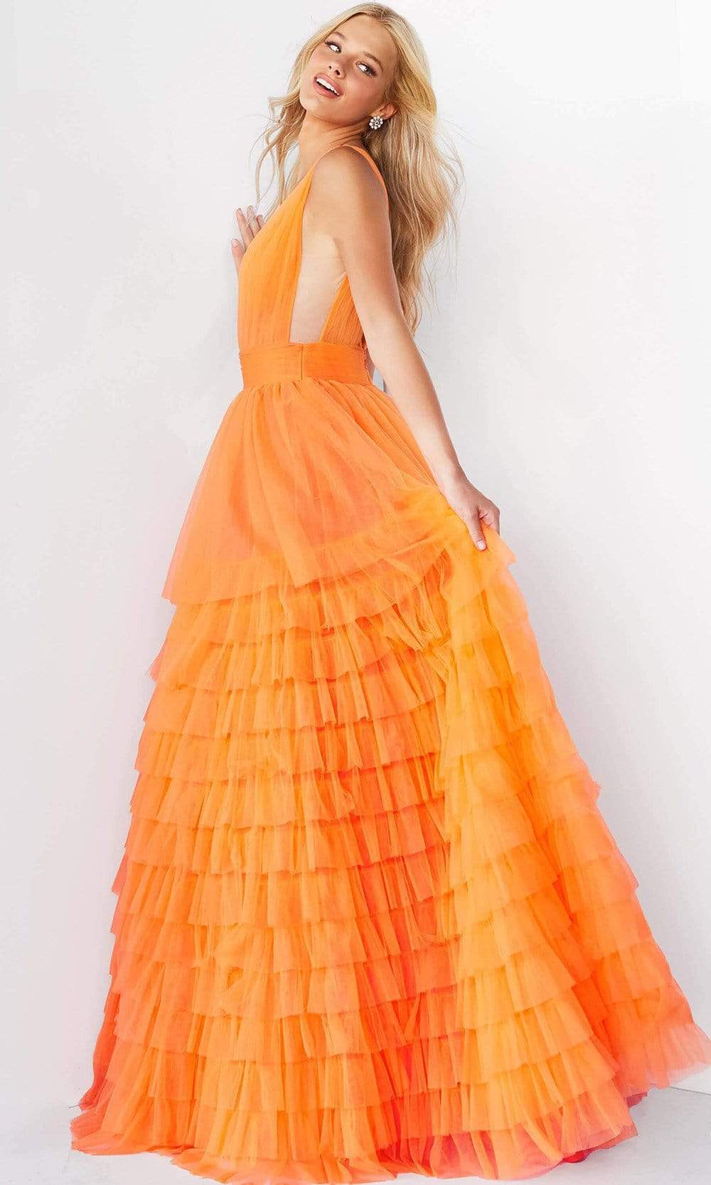 Jovani - 07264 Shirr-Ornate Plus Size Prom Tulle Gown - detail view