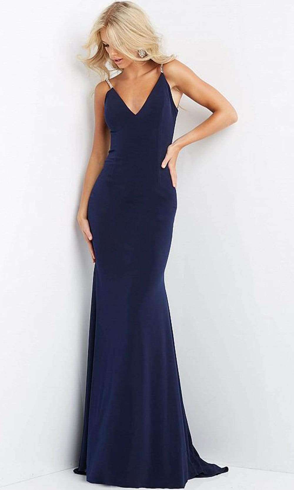 Jovani - 07297 Plunging V-Neck Plus Size Prom Trumpet Dress - detail view