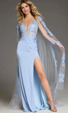 Jovani 07399 - V-Neck Cape Gown with Floral Applique - back view