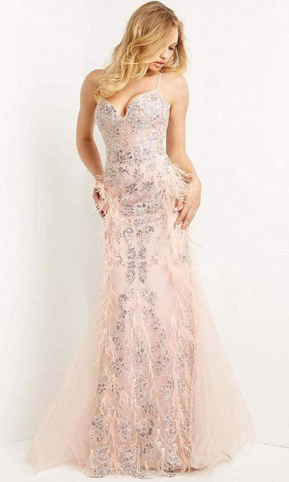 Jovani - 07514 Floral Feather-Appliques Trumpet Gown - designer prom dress at Silhouette Dresses
