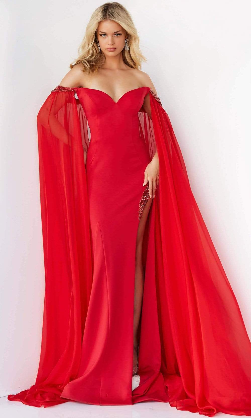 Jovani - 07652 Cascading Drape Off Shoulder Gown - detail view