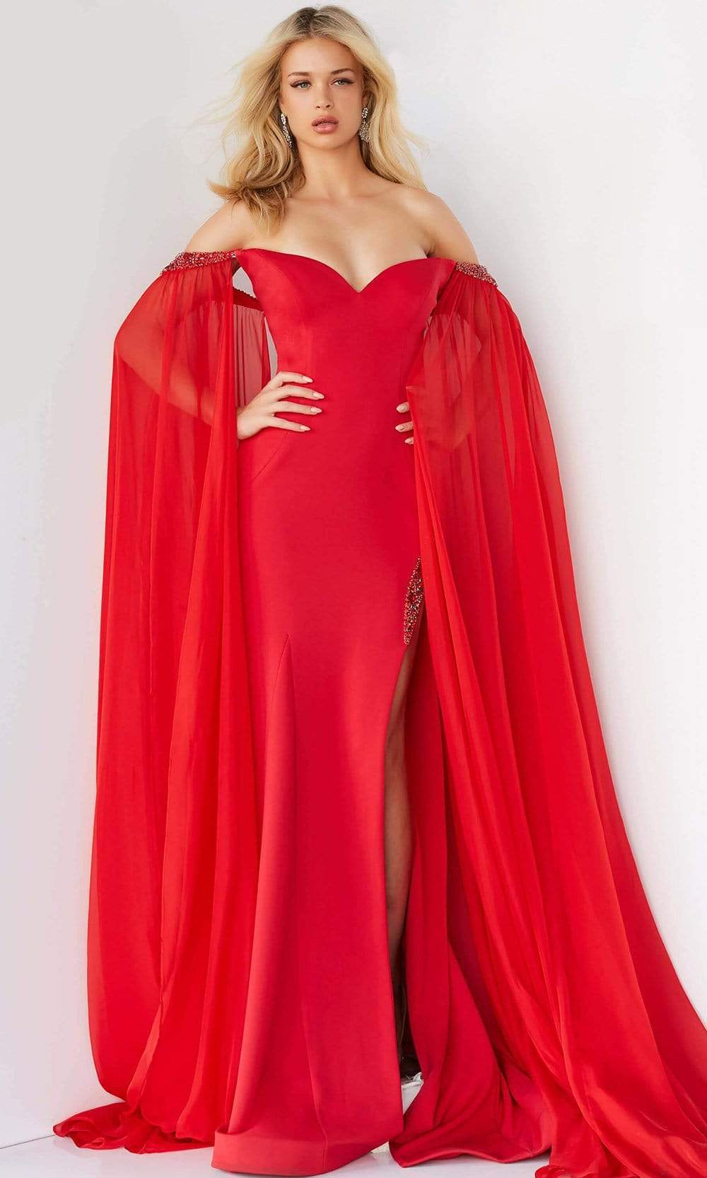 Jovani - 07652 Cascading Drape Off Shoulder Gown - back view