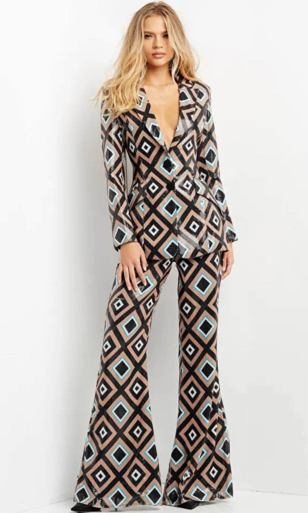 Jovani 07921 - Plunging V-Neck Sequin Pantsuit - detail view