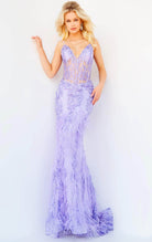 Jovani - 08141 Feather Accented Corset Gown - back view