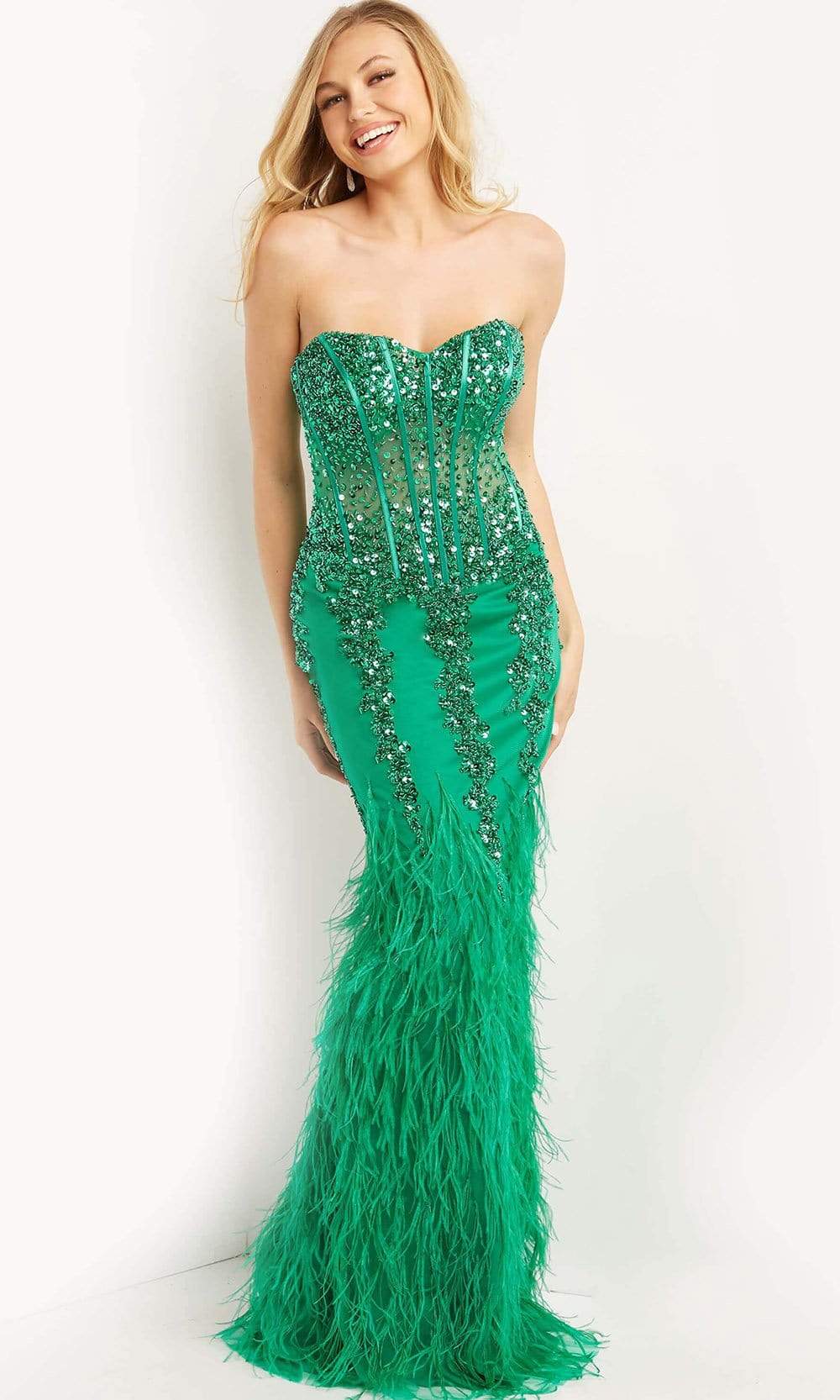 Jovani - 08142 Strapless Corset Feather Gown - designer prom dress at Silhouette Dresses