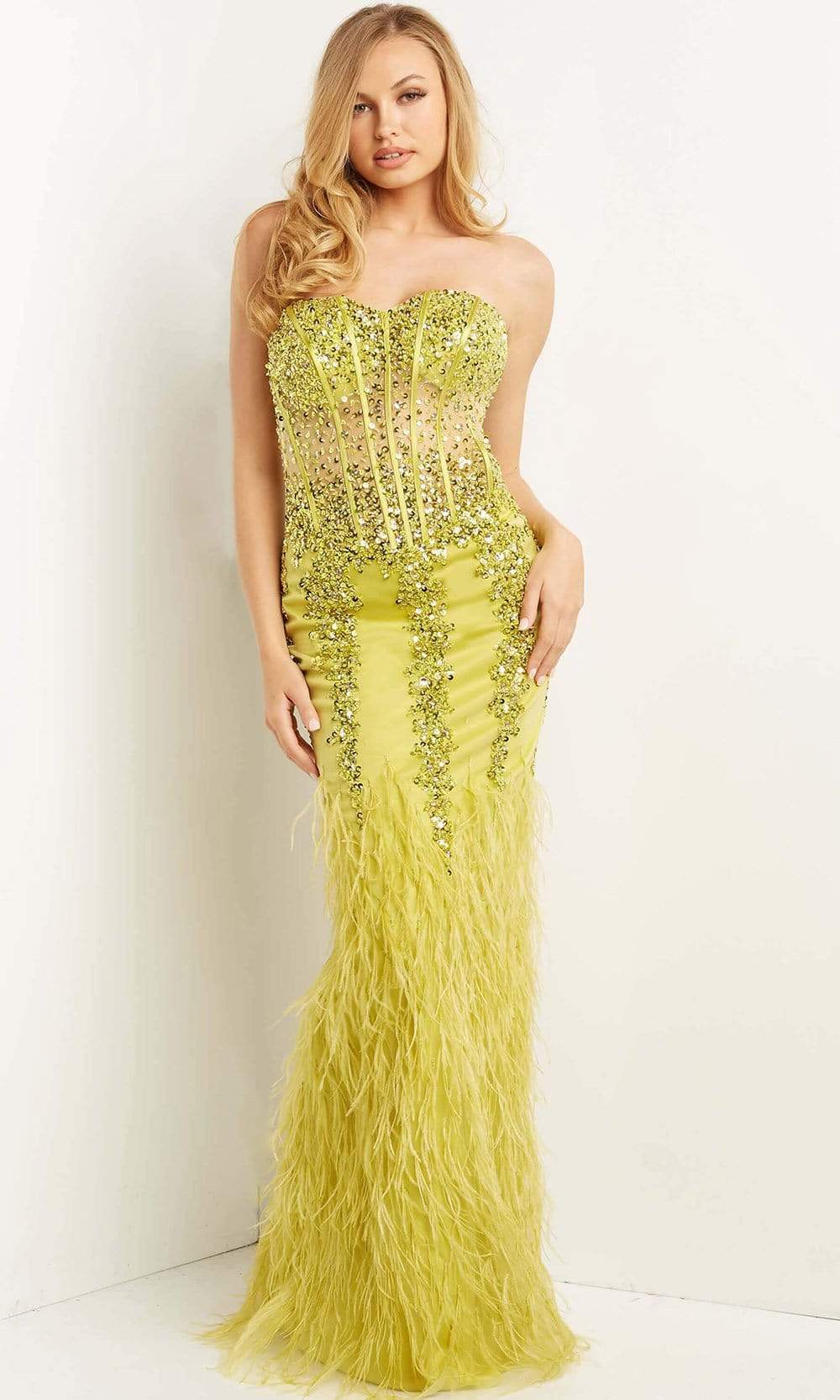 Jovani - 08142 Strapless Corset Feather Gown - back view