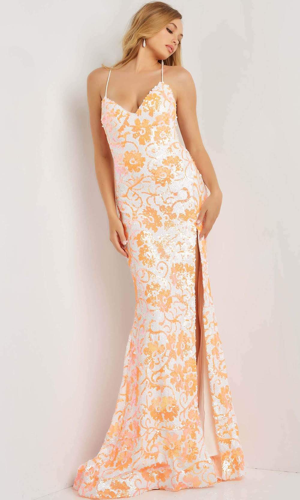 Jovani - 08255 V-Neck Floral Sequin High Slit Dress - view 5