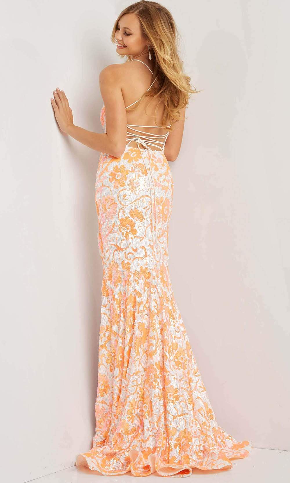 Jovani - 08255 V-Neck Floral Sequin High Slit Dress - back view