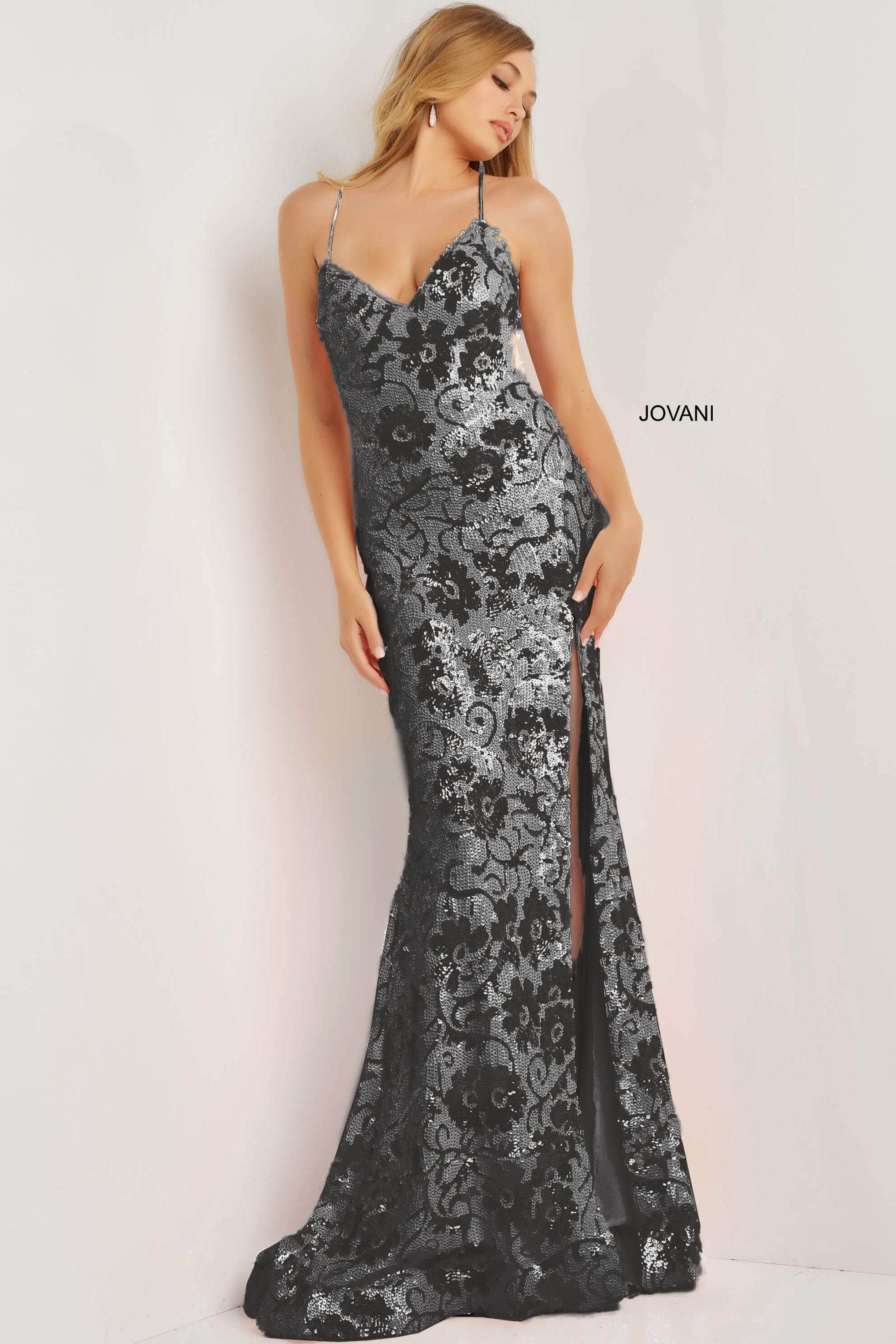Jovani - 08255 V-Neck Floral Sequin High Slit Dress - view 4