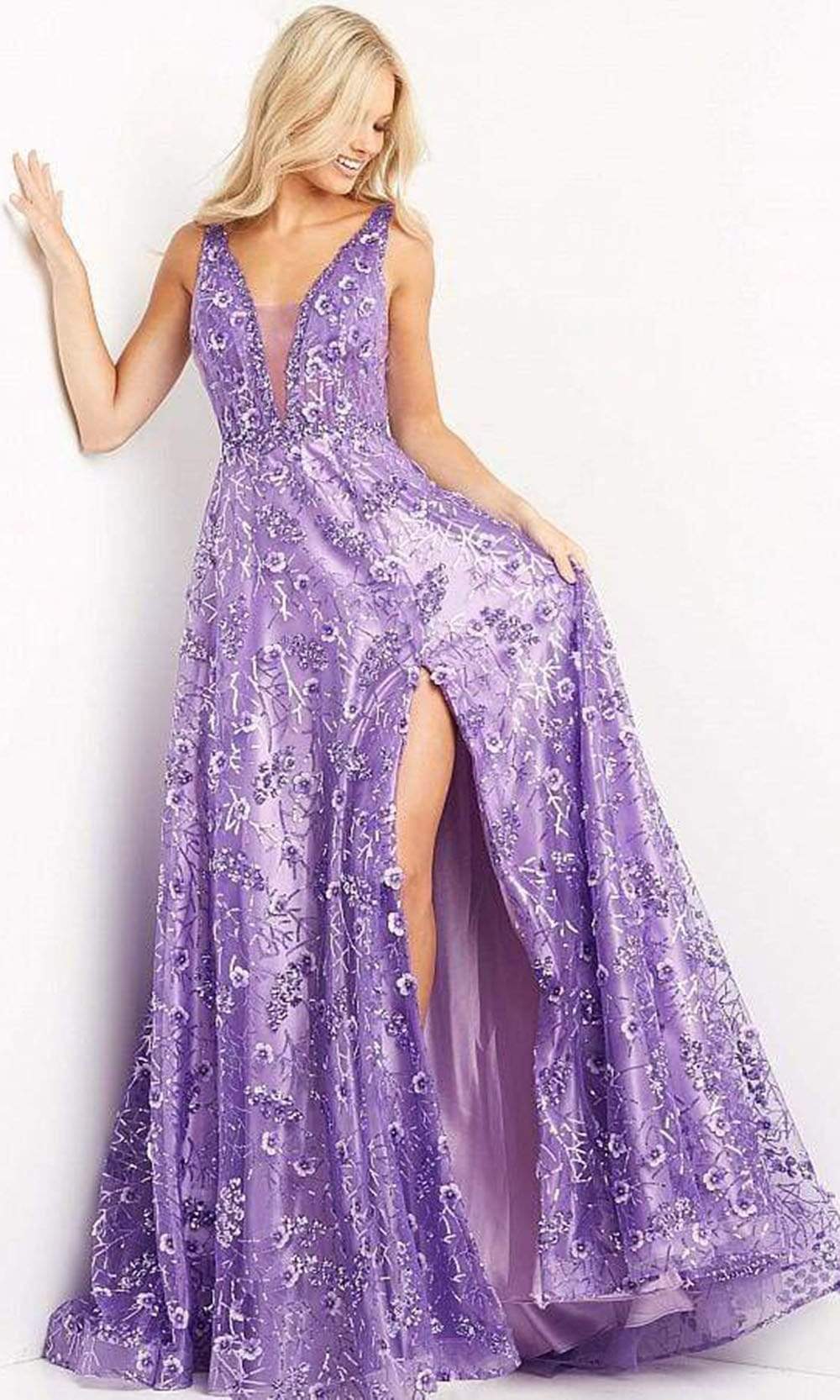 Jovani - 08422 Floral Applique Slit A-line Dress - designer prom dress at Silhouette Dresses