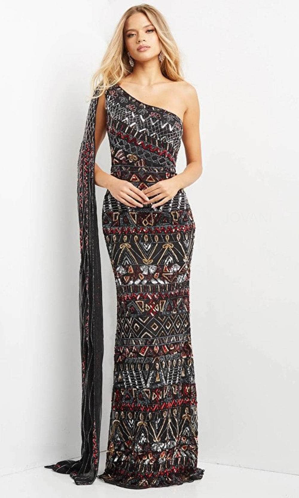 Jovani 08450 - Asymmetric with Shoulder Cape Long Dress - designer prom dress at Silhouette Dresses