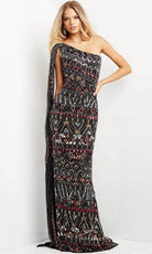 Jovani 08450 - Asymmetric with Shoulder Cape Long Dress - back view