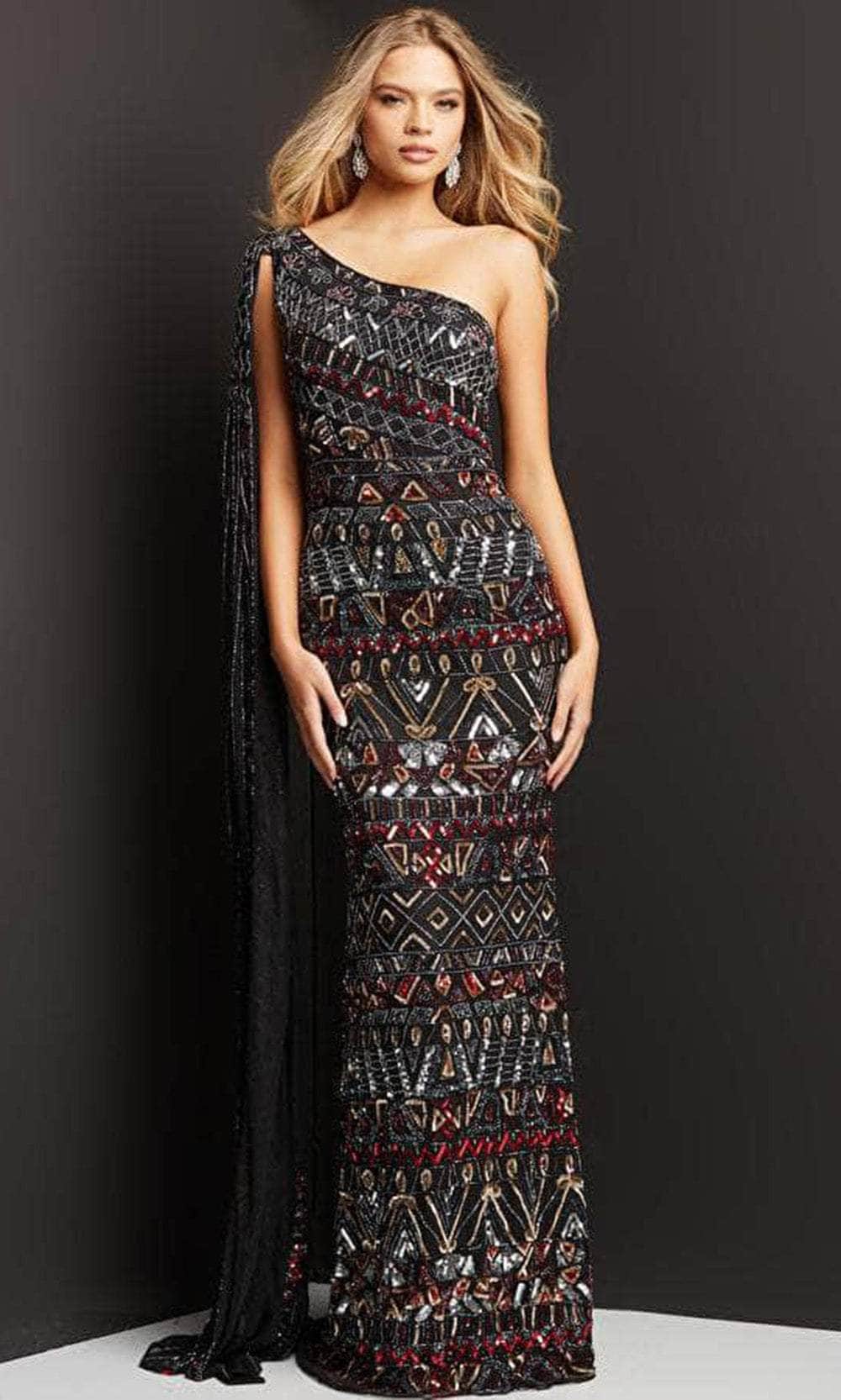Jovani 08450 - Asymmetric with Shoulder Cape Long Dress - detail view