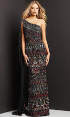 Jovani 08450 - Asymmetric with Shoulder Cape Long Dress - detail view