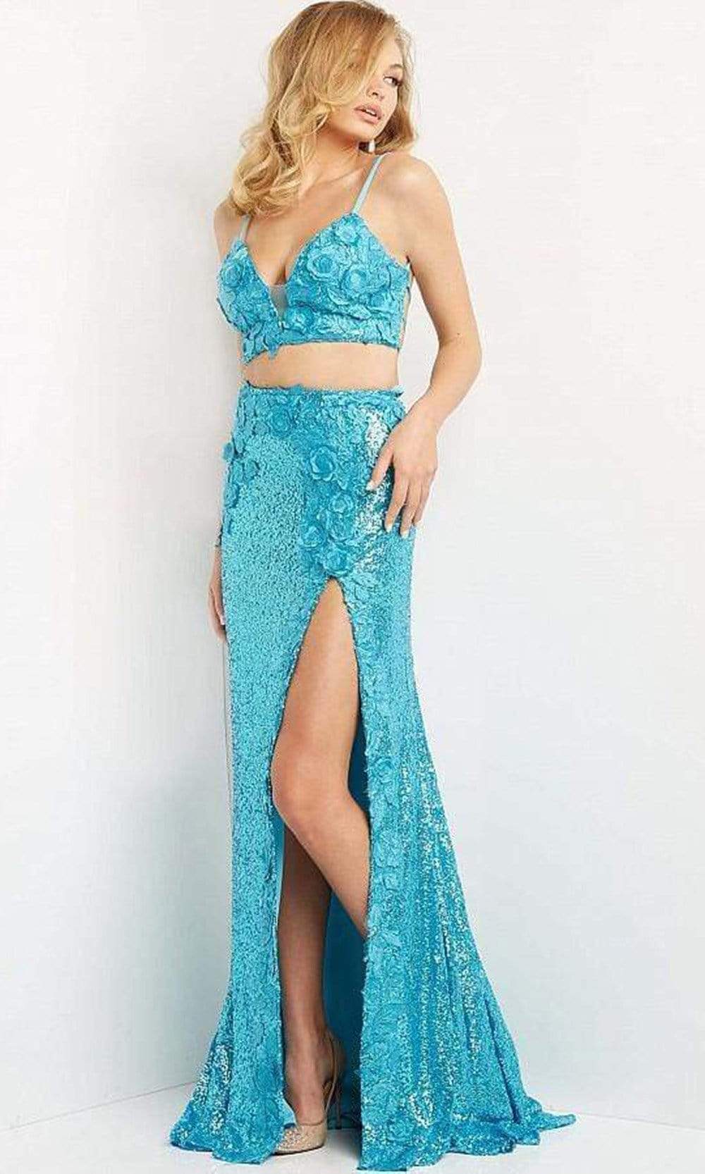 Jovani - 08471 Floral Applique Two-Piece High Slit Sequin Prom Dress - designer prom dress at Silhouette Dresses