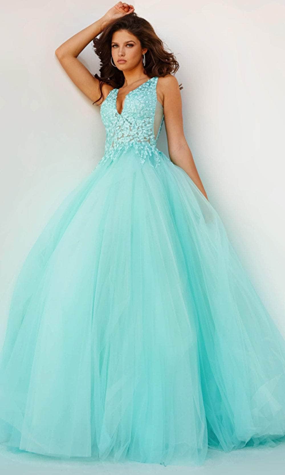 Jovani 08572 - V-Neck Laced Ballgown - designer ball gown at Silhouette Dresses