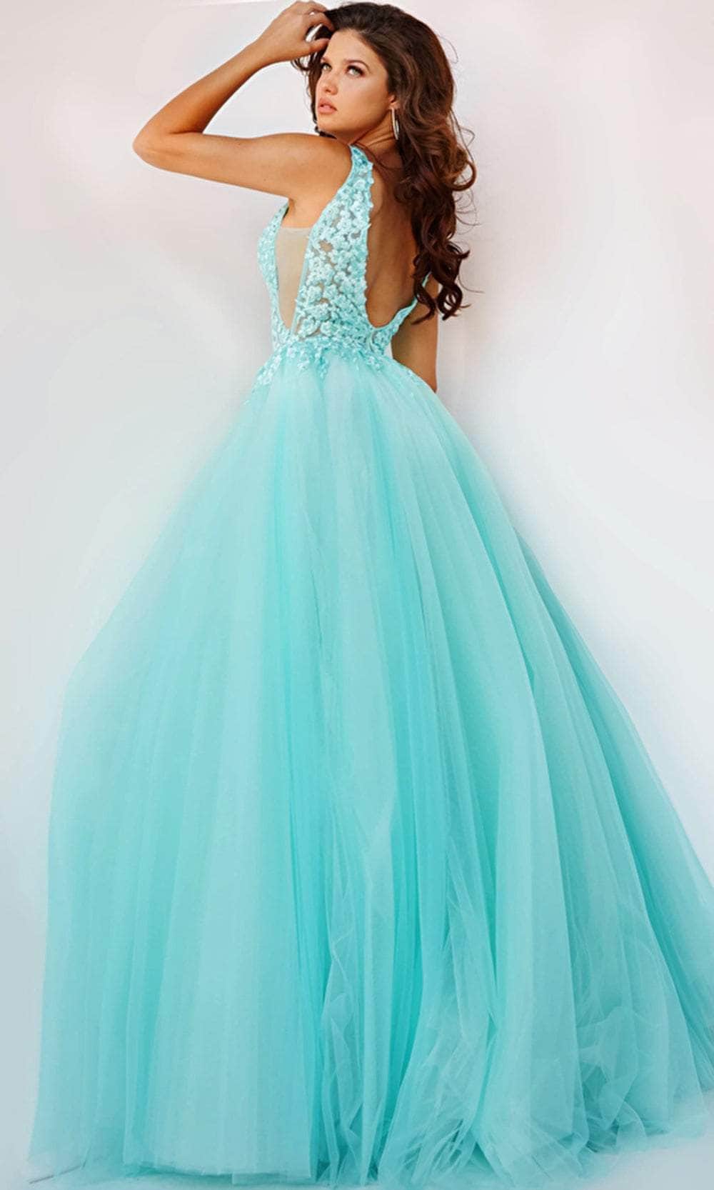Jovani 08572 - V-Neck Laced Ballgown - back view