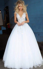 Jovani - 11092 Floral Embroidered Plunging V-Neck Ballgown - view 5