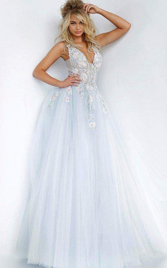 Jovani - 11092 Floral Embroidered Plunging V-Neck Ballgown - detail view