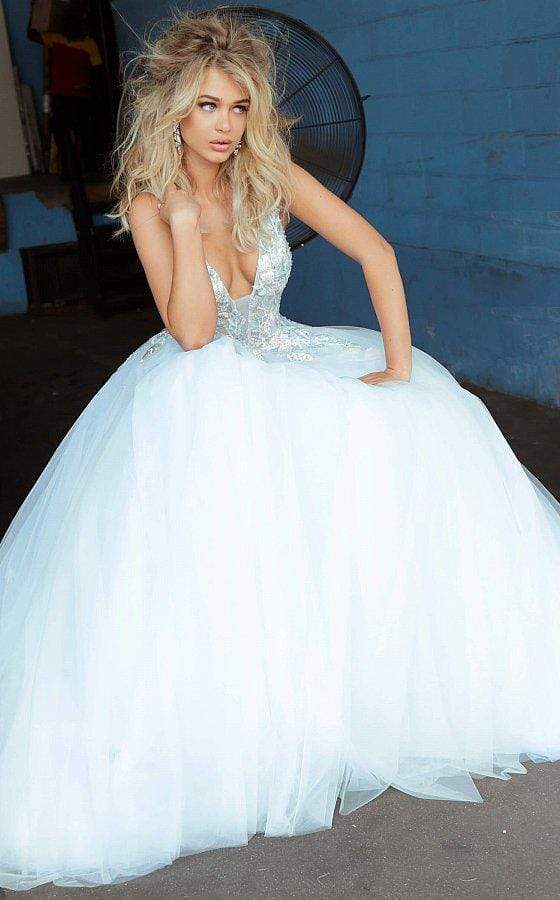 Jovani - 11092 Floral Embroidered Plunging V-Neck Ballgown - view 7