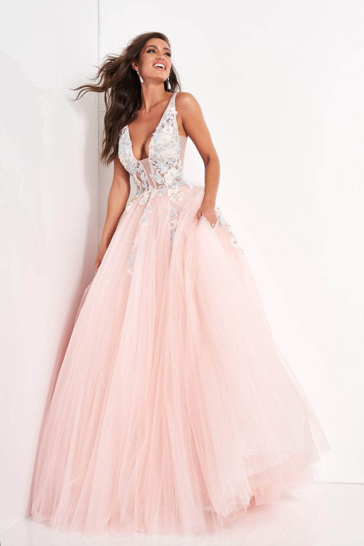 Jovani - 11092 Floral Embroidered Plunging V-Neck Ballgown - back view