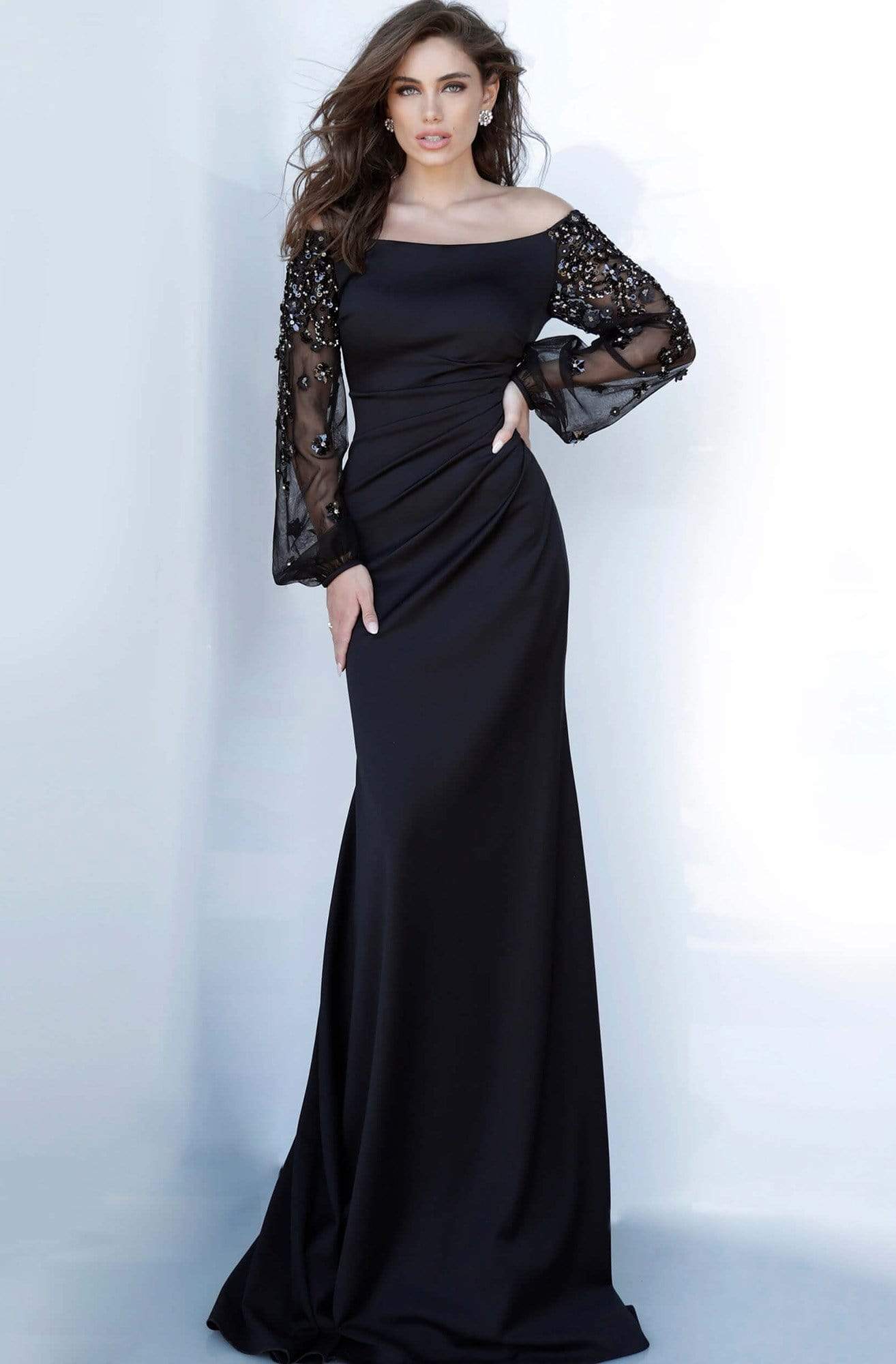 Jovani - 1156 Off- Shoulder Bishop Sleeve Sheath Dress - designer evening gown at Silhouette Dresses