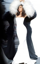 Jovani - 1226 Strapless Trumpet Dress With Feathered Sleeves - detail view