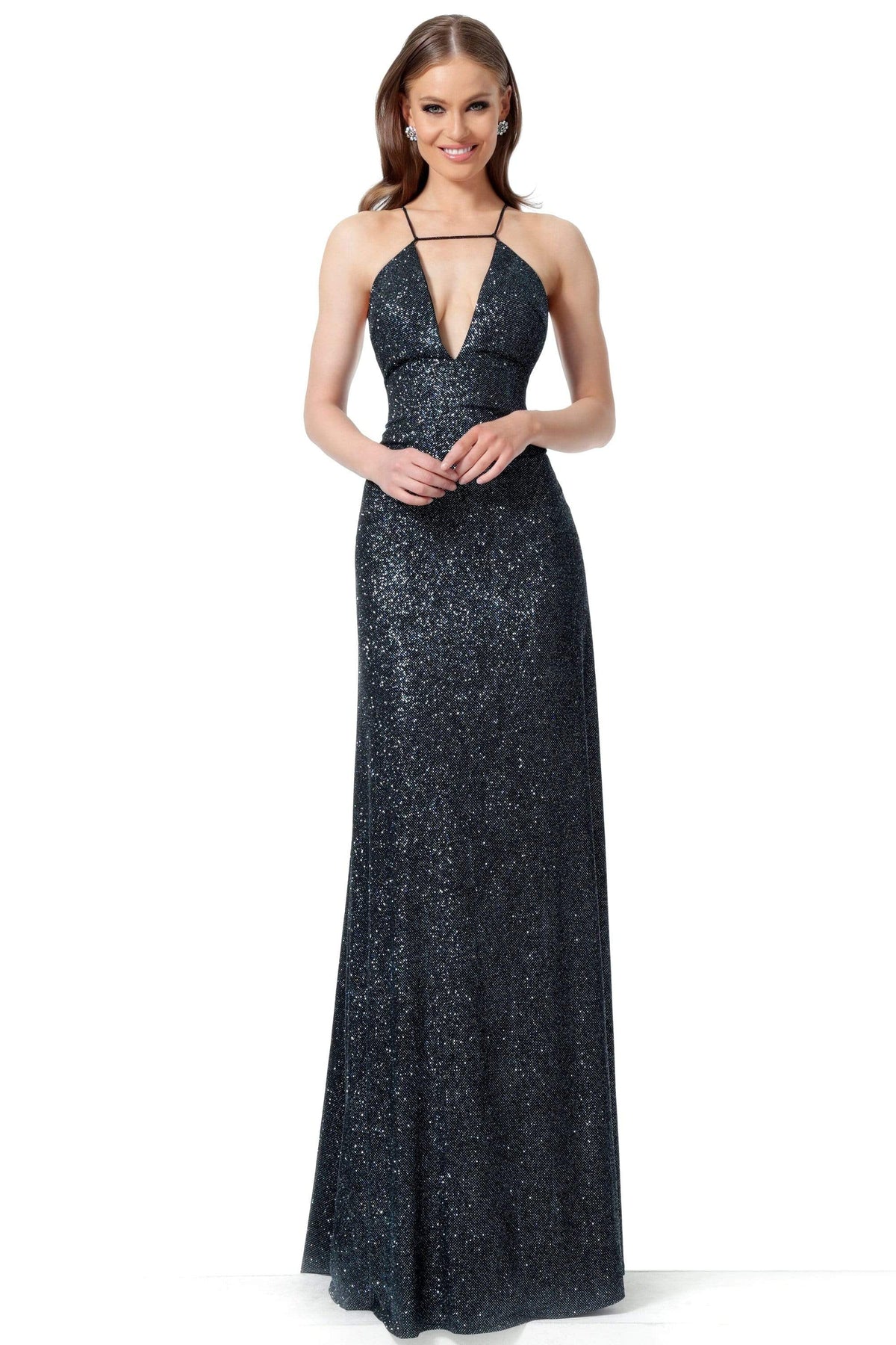Jovani - 1551 Sleeveless Deep V-Neck Sheath Dress With Train - designer prom dress at Silhouette Dresses