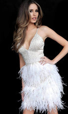 Jovani - 1729 Embellished Deep V-Neck Feathered Dress - detail view