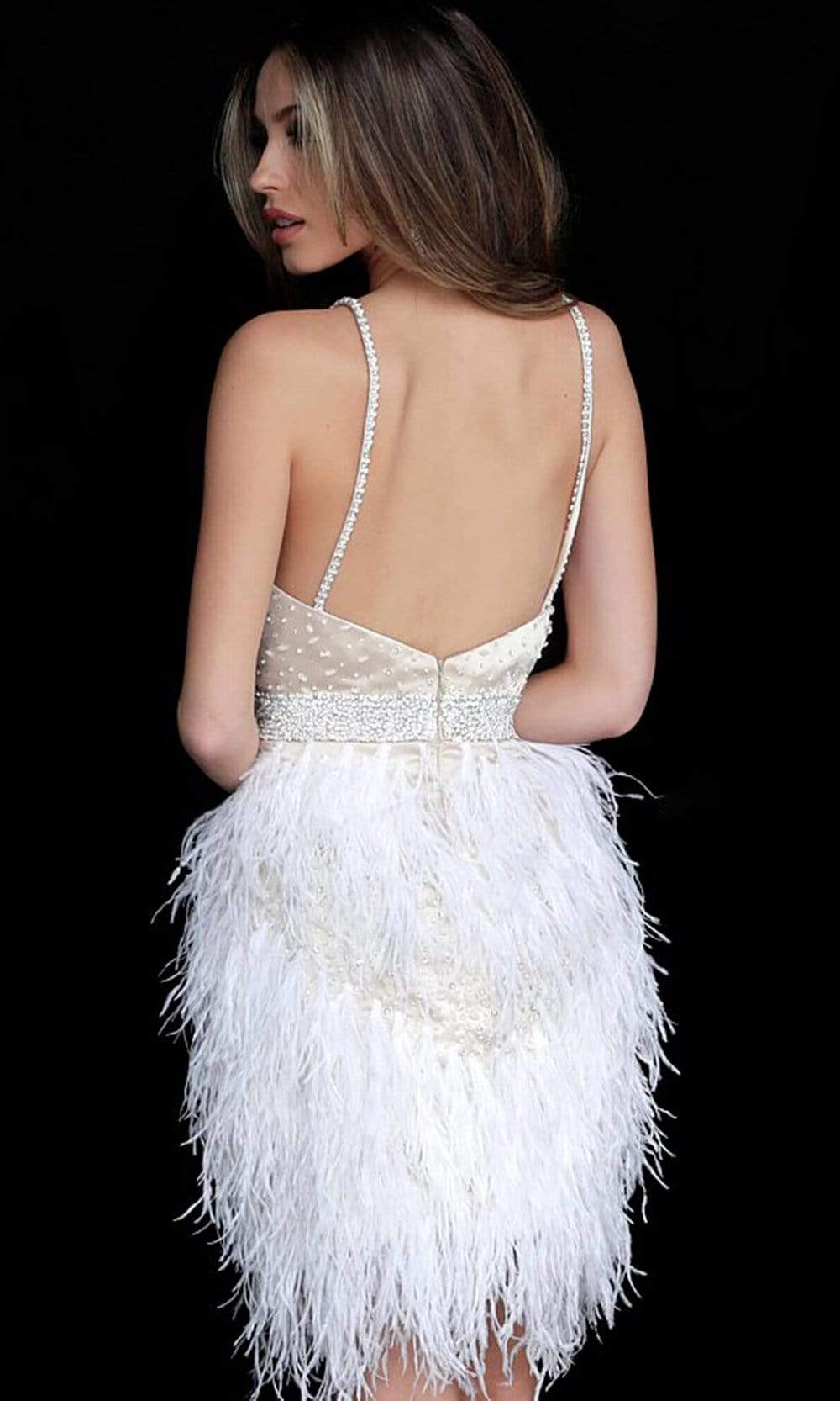 Jovani - 1729 Embellished Deep V-Neck Feathered Dress - view 5