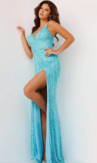 Jovani 22812 - Shimmer Fringed Slit Long Gown - back view