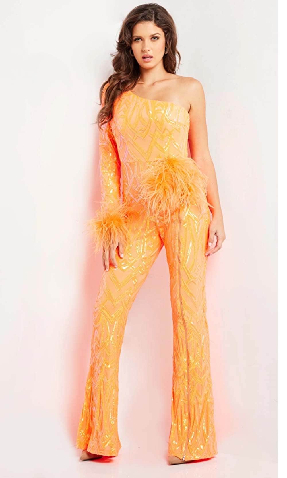 Jovani 23026 - Feather Ornate Beaded Jumpsuit - detail view
