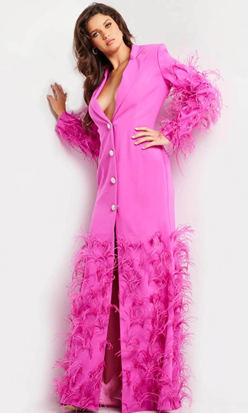 Jovani 23075 - Feather Sleeve Blazer Gown - back view