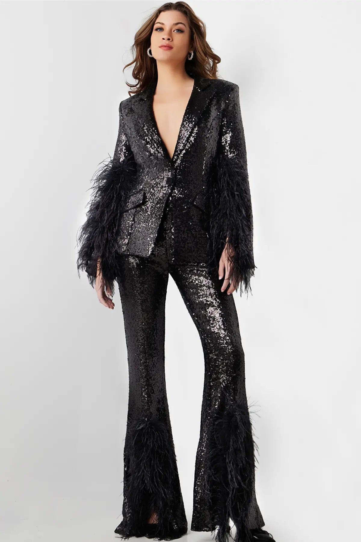 Jovani 23162 - V-Neck Sequin Feathers Pant Suit - designer formal jumpsuit at Silhouette Dresses