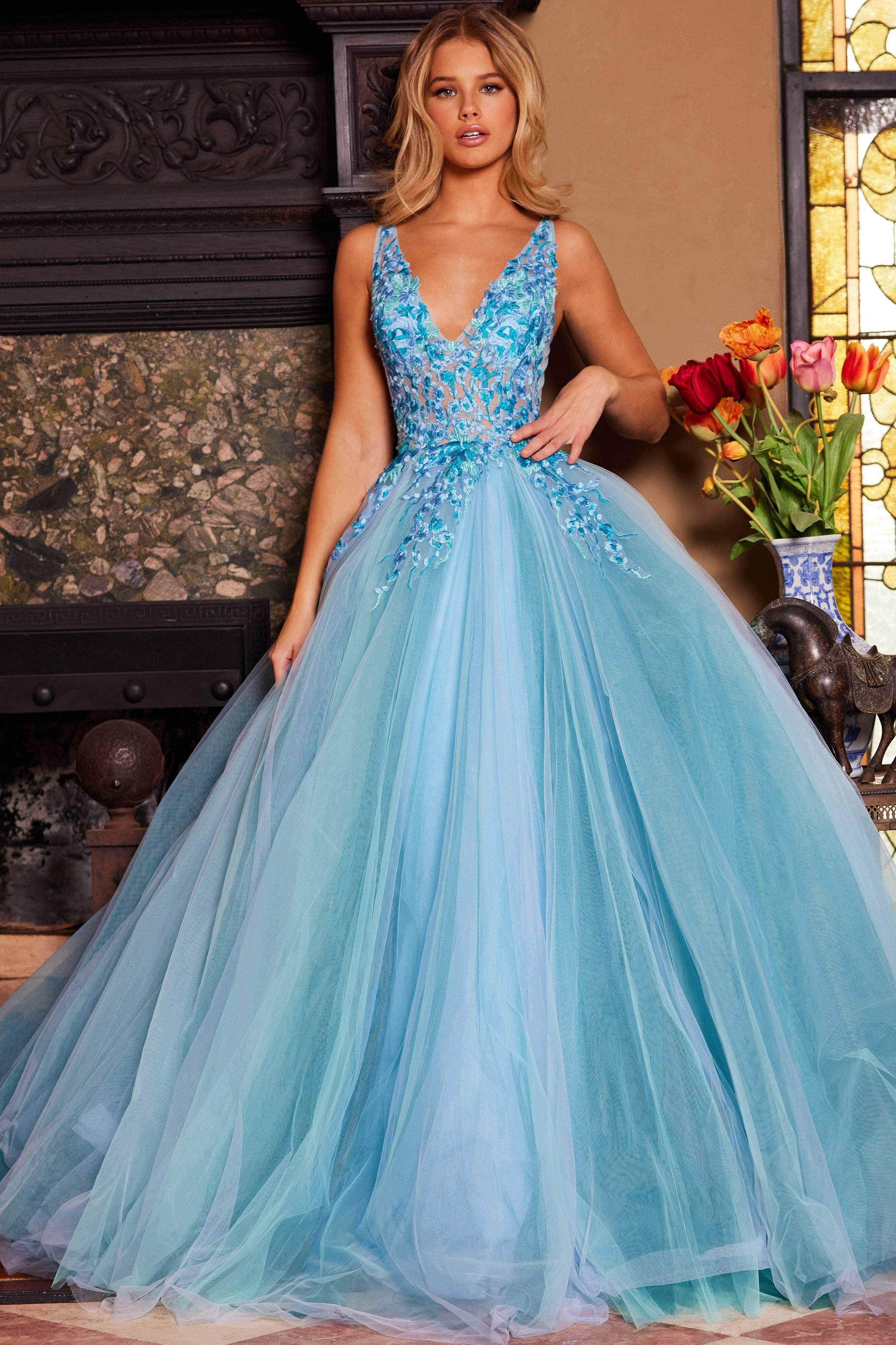 Jovani 23577 - Floral Lace V-Neck Ballgown - designer ball gown at Silhouette Dresses