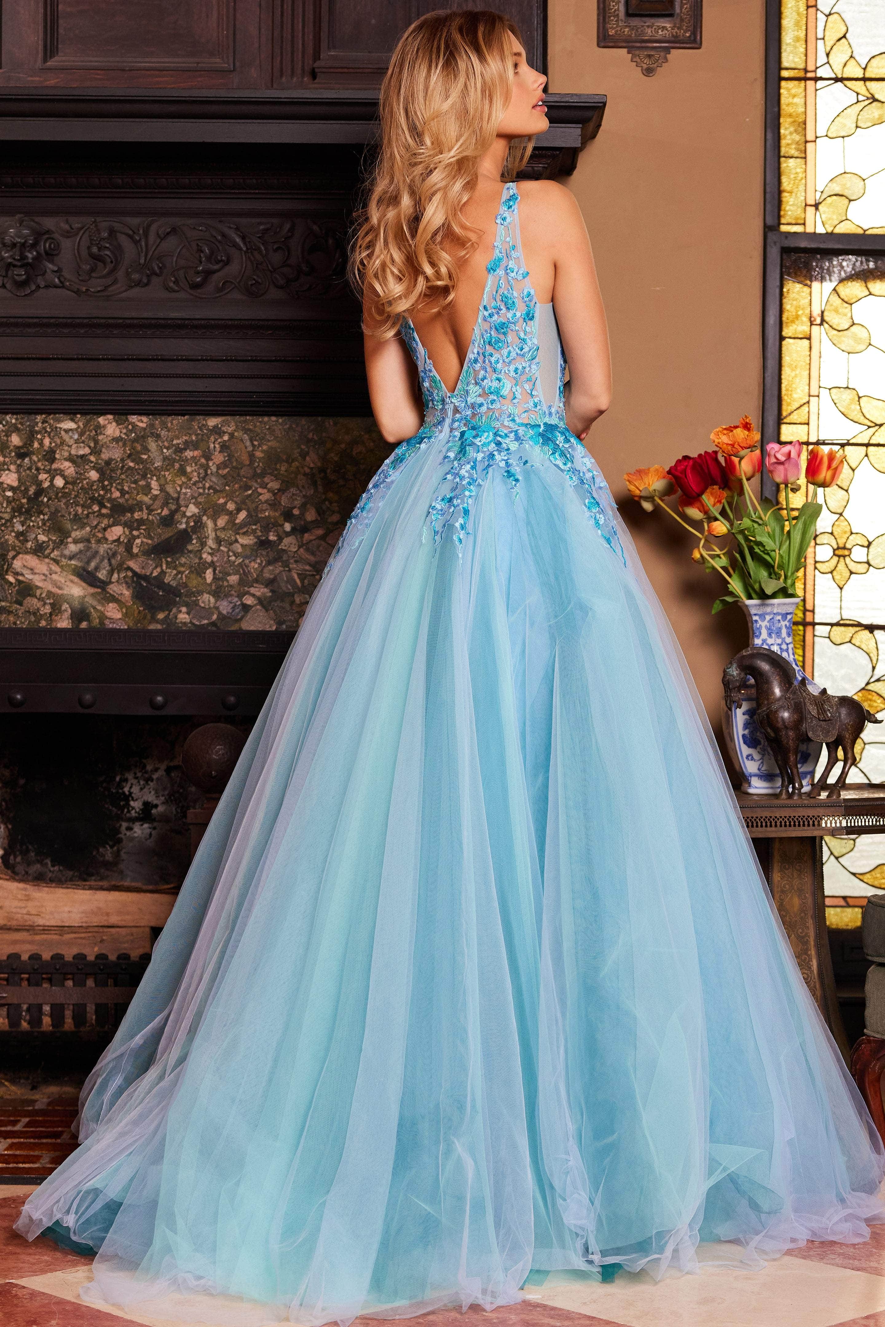 Jovani 23577 - Floral Lace V-Neck Ballgown - detail view