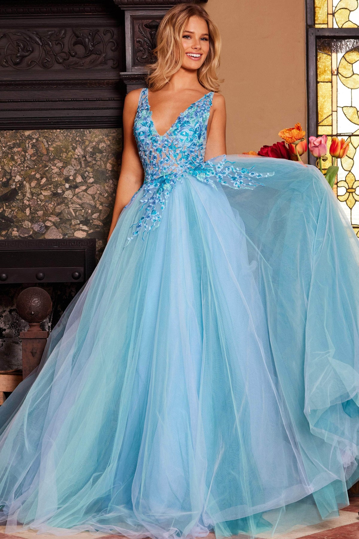Jovani 23577 - Floral Lace V-Neck Ballgown - back view