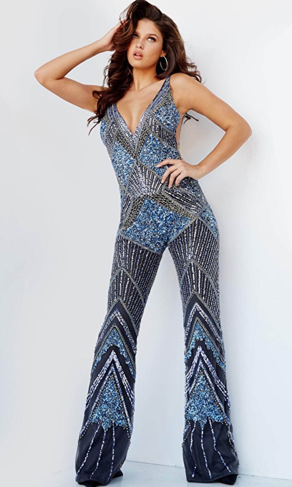 Jovani 23736 - Bejeweled Plunging Jumpsuit - designer formal jumpsuit at Silhouette Dresses