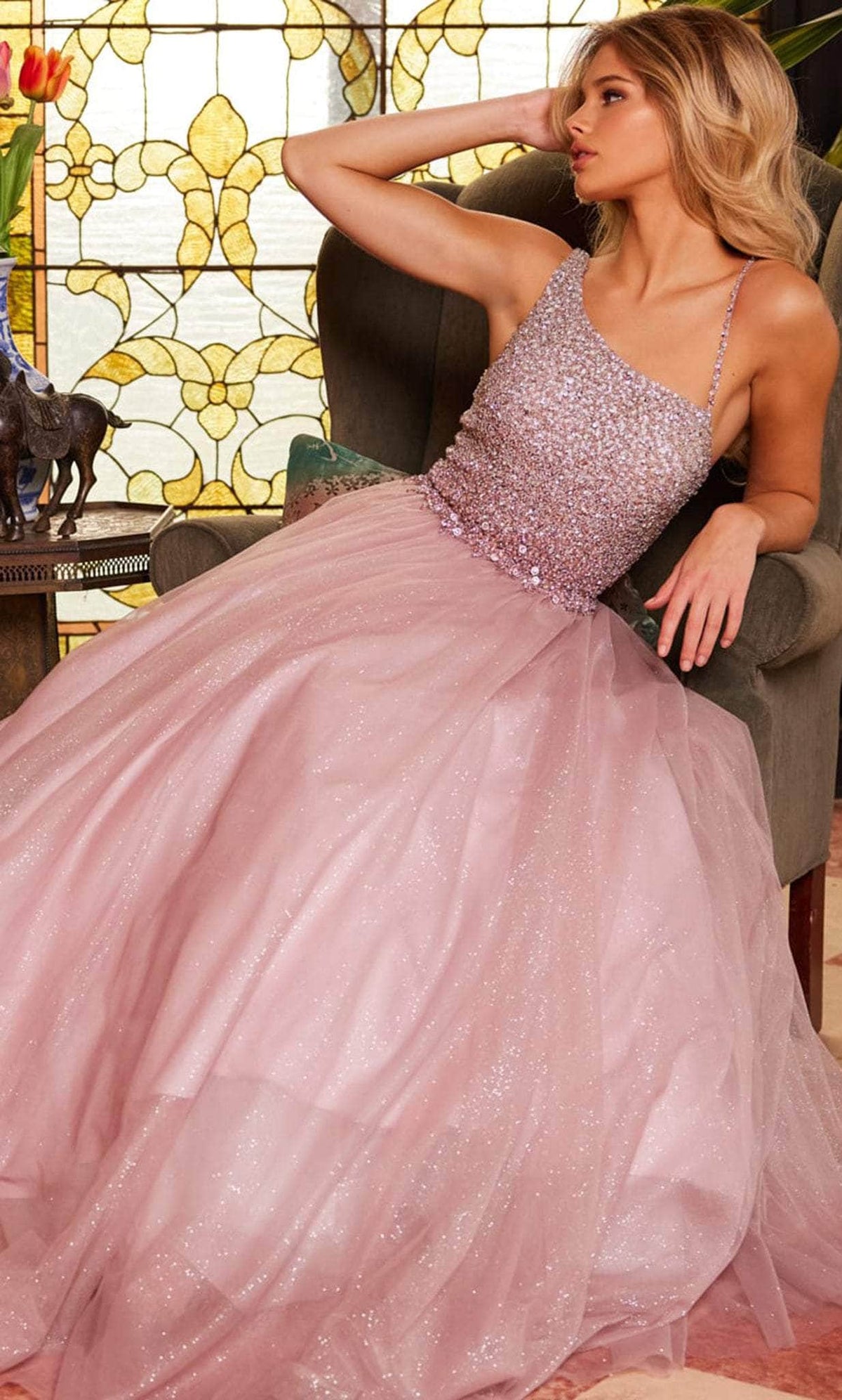 Jovani 24051 - Beaded Asymmetric Neck Ballgown - view 4