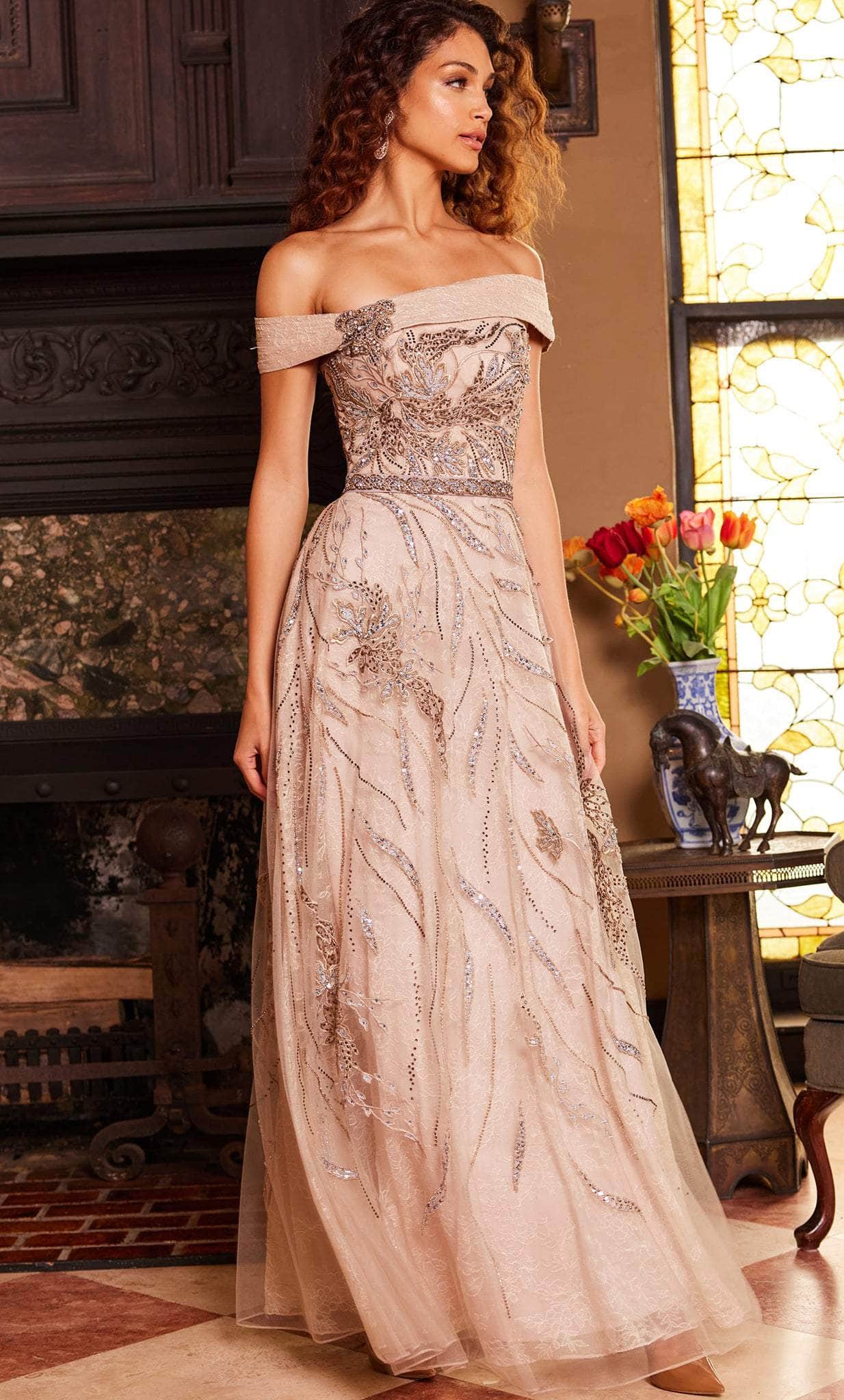 Jovani 24055 - Straight Across Beaded Lace Evening Gown - back view