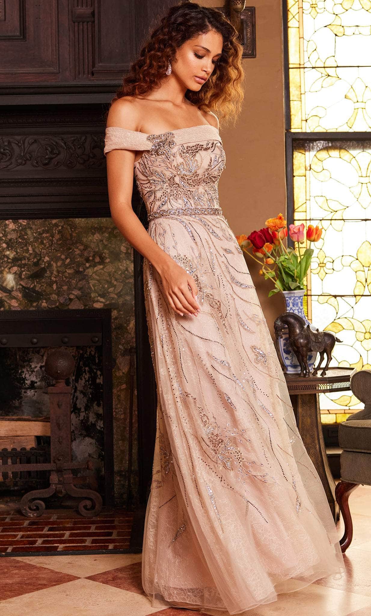 Jovani 24055 - Straight Across Beaded Lace Evening Gown - detail view
