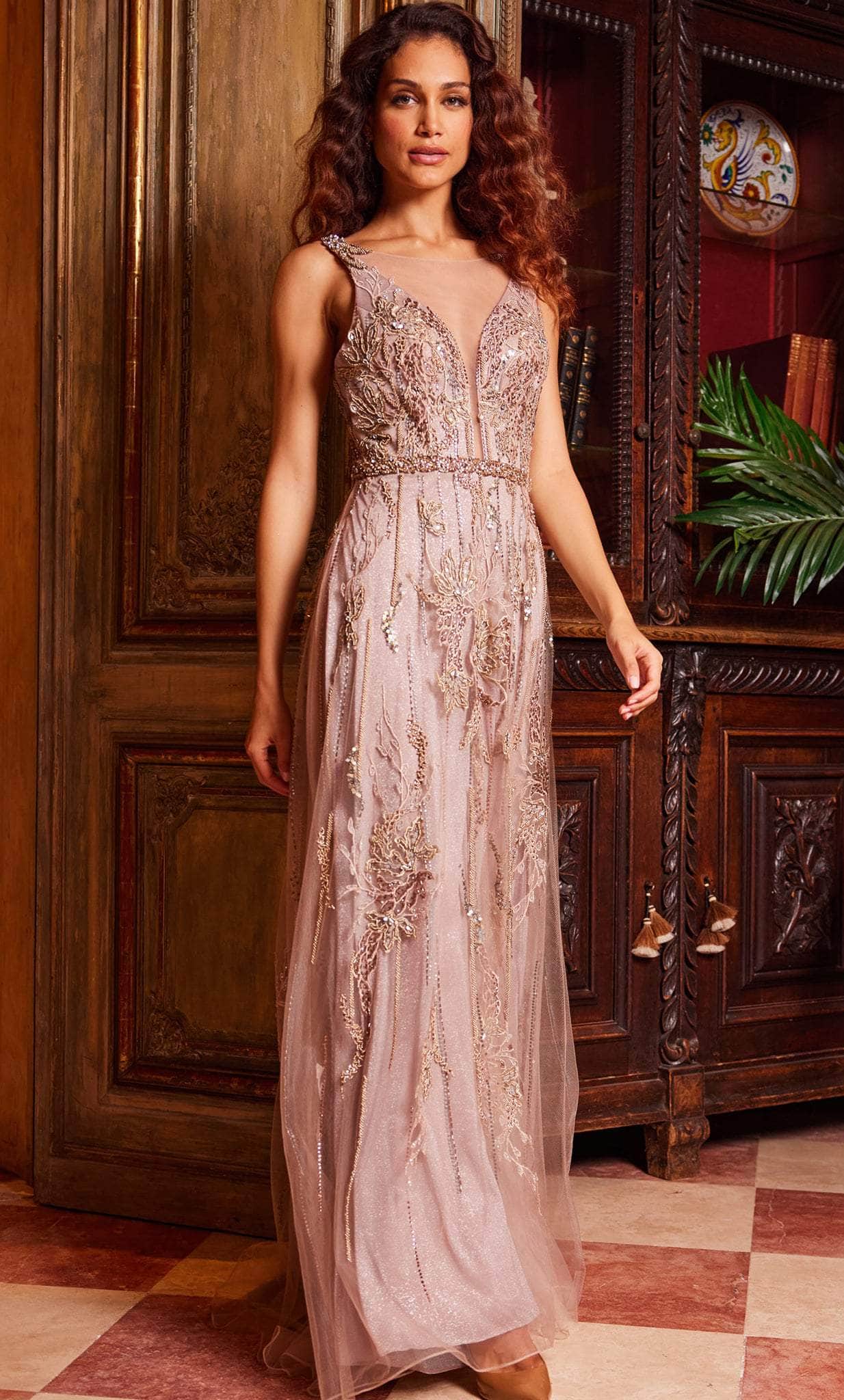 Jovani 24057 - Illusion Bateau Beaded Evening Gown - back view