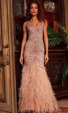 Jovani 24058 - Plunging V-Neck Feathered Evening Gown - designer prom dress at Silhouette Dresses