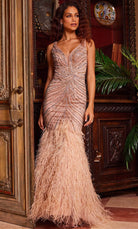 Jovani 24058 - Plunging V-Neck Feathered Evening Gown - detail view
